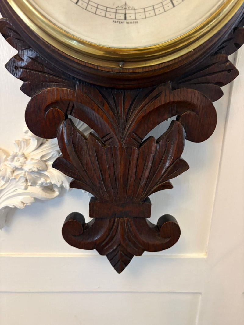 Antique Carved Oak Aneroid Barometer with Thermometer - Image 5